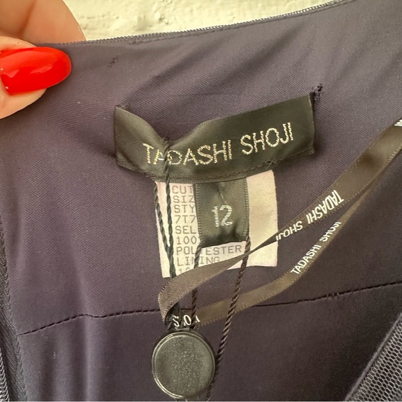 NEW Tadashi Shoji Paillette Embroidered Sequin Lace V Neck Prom Dress Gown Navy - Picture 9 of 12